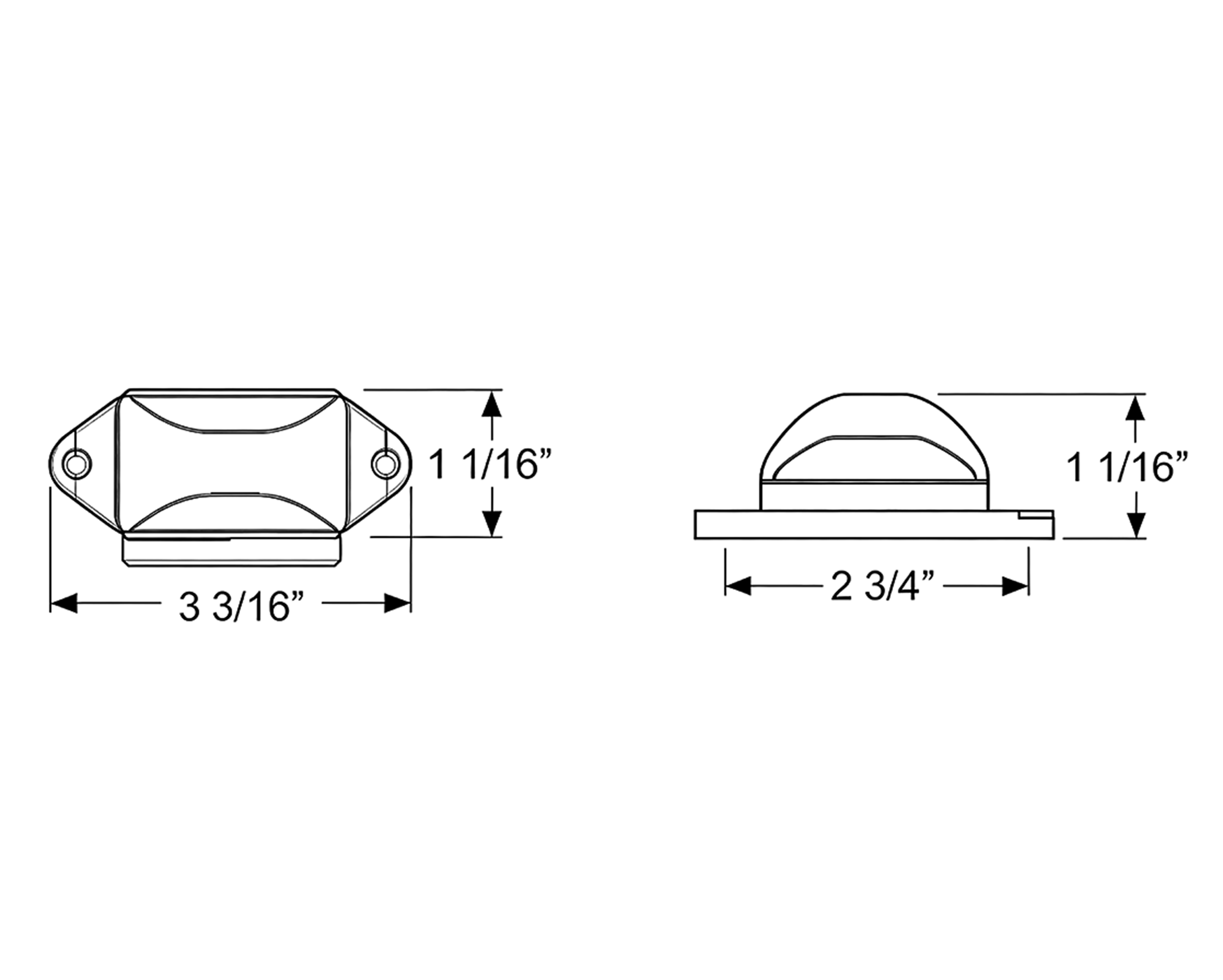 Dimension drawing showing front and side views of the round work light