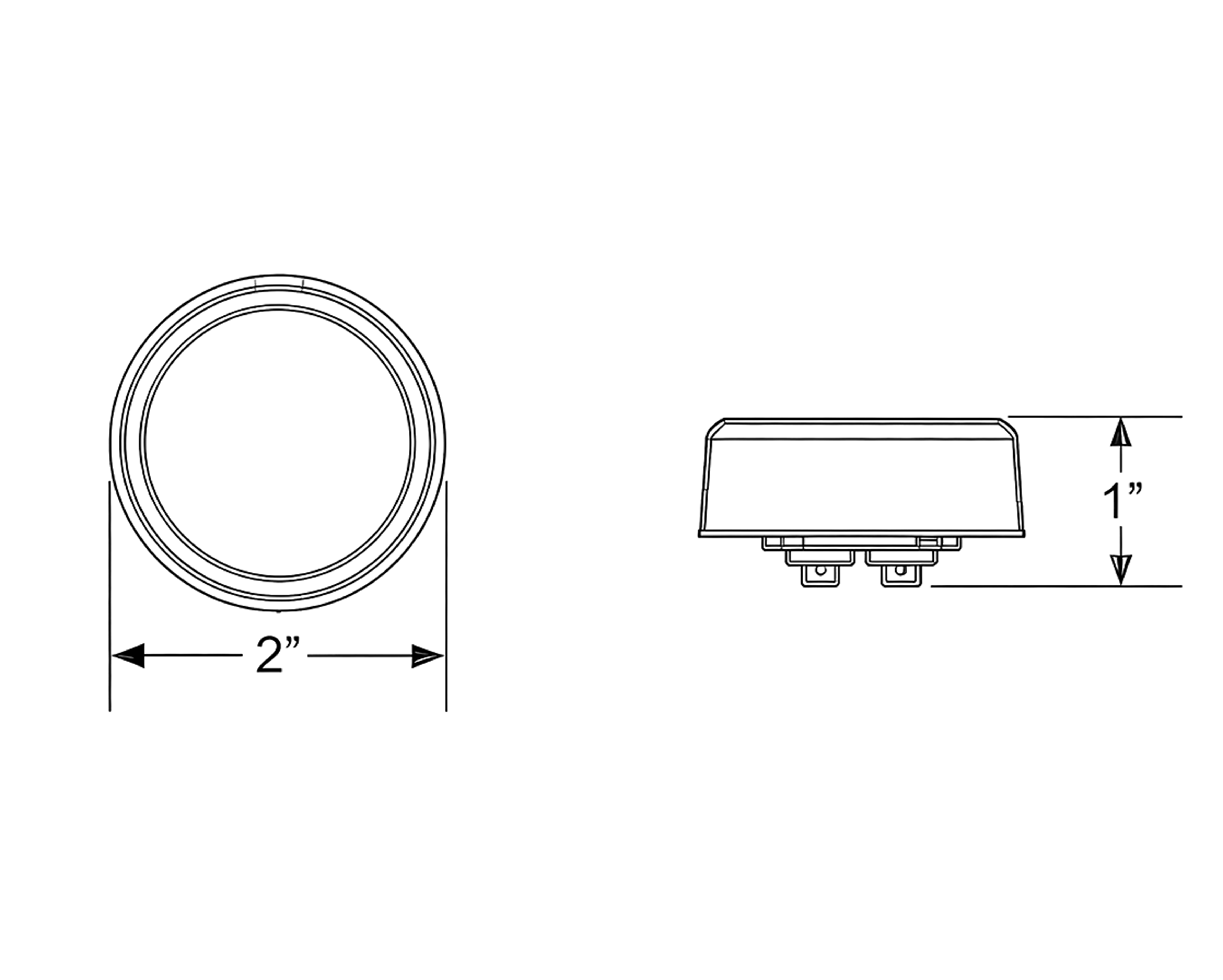 Dimension drawing showing front and side views of the round work light