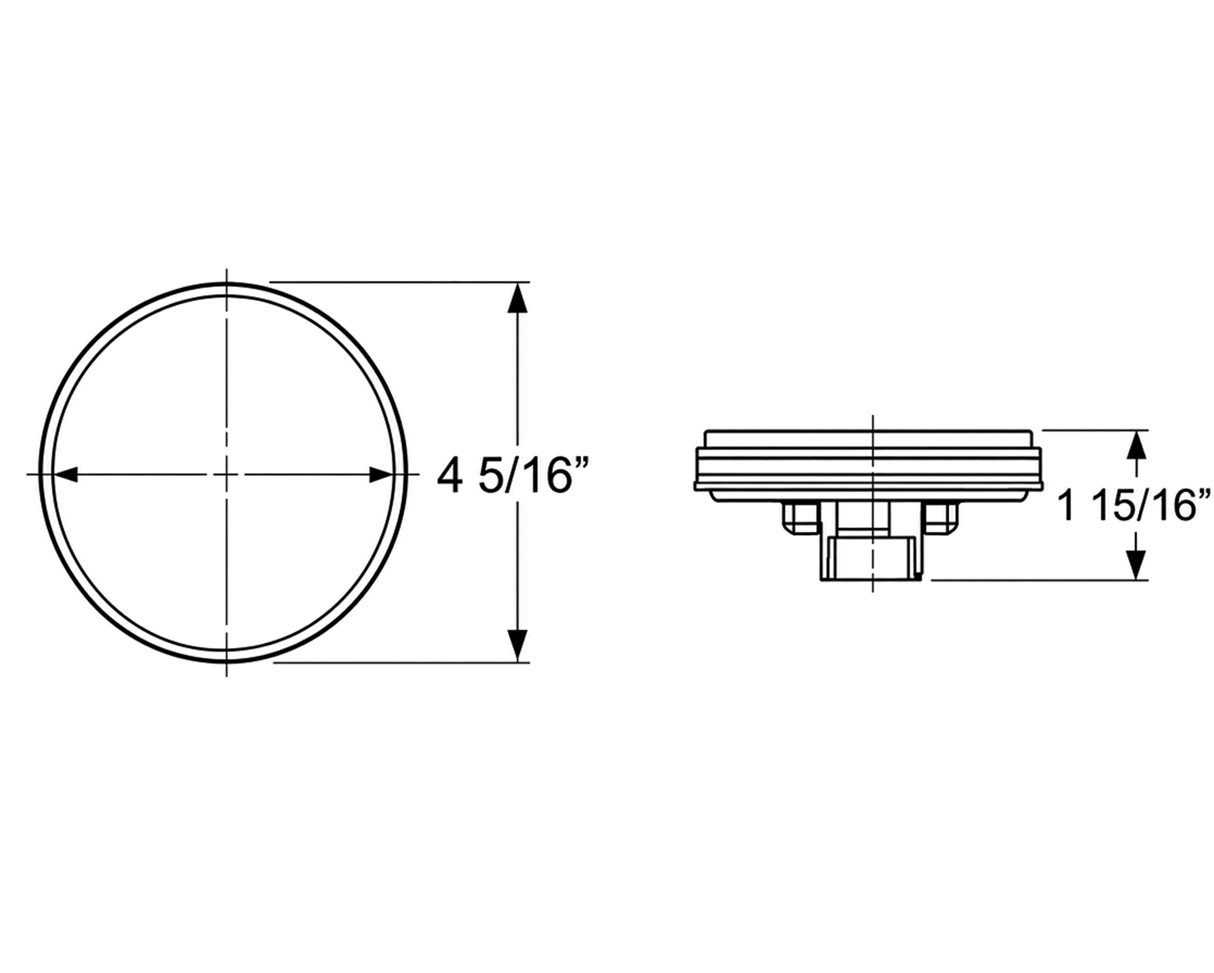 Dimension drawing showing front and side views of the round work light