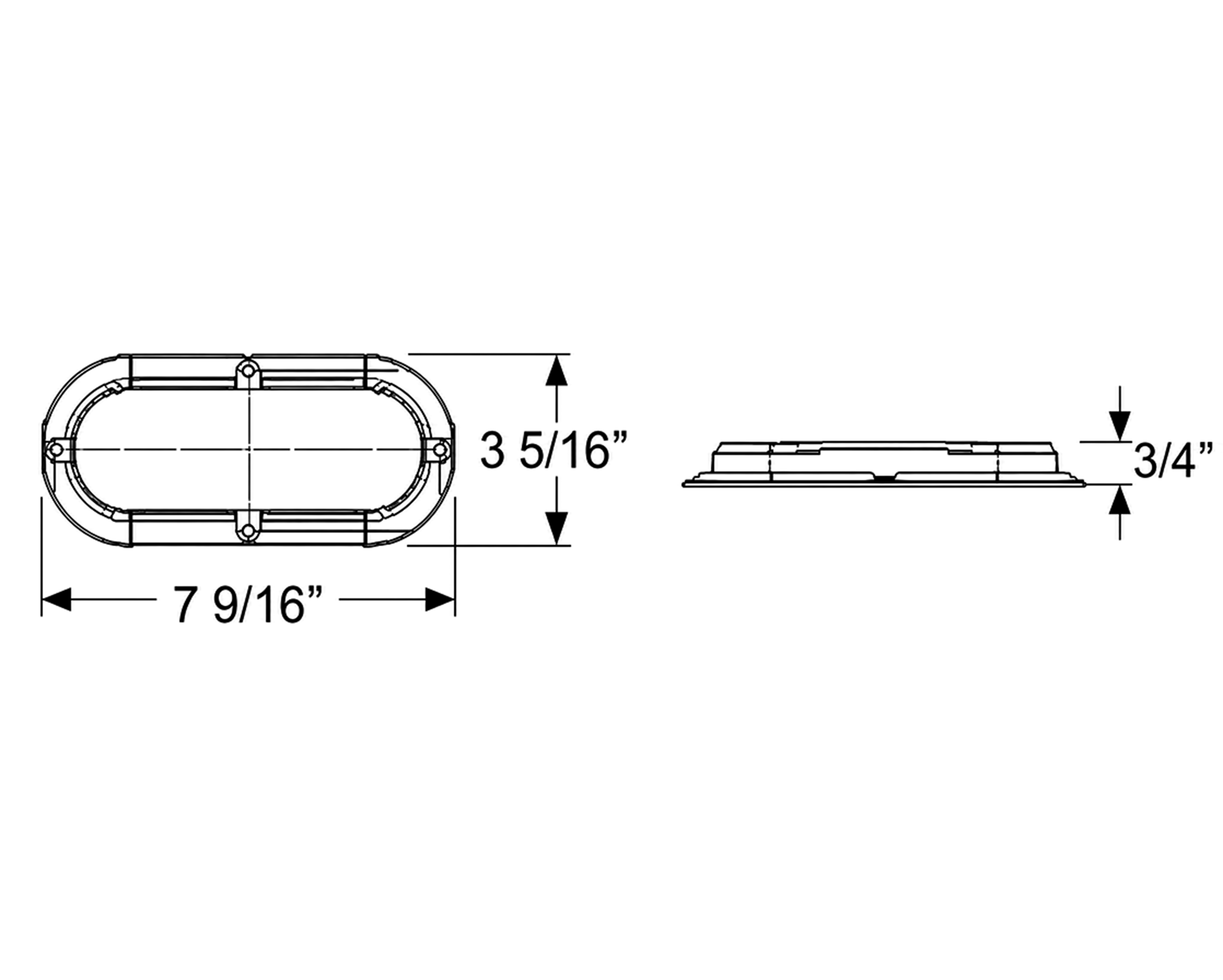 Dimension drawing showing front and side views of the round work light