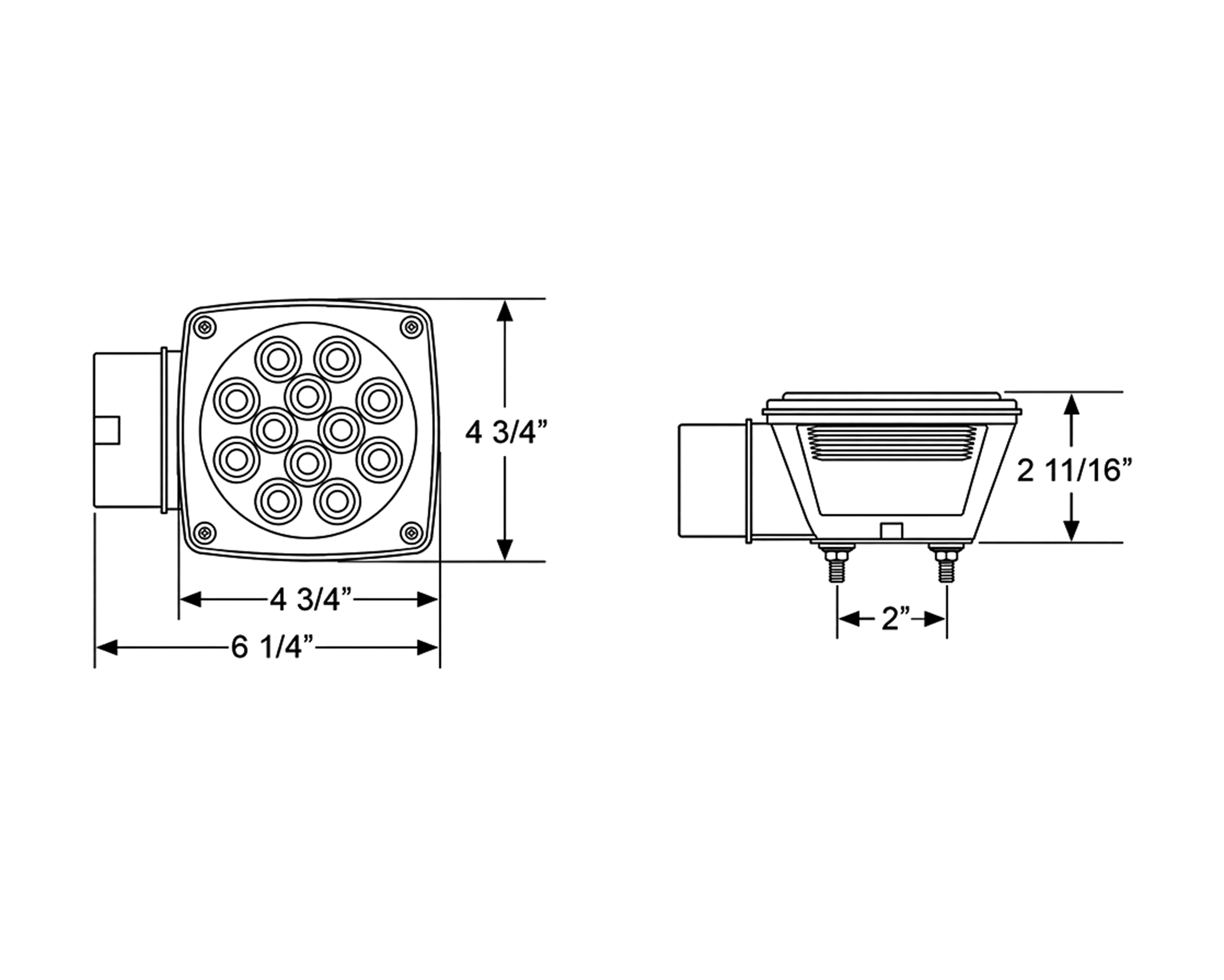 Dimension drawing showing front and side views of the round work light