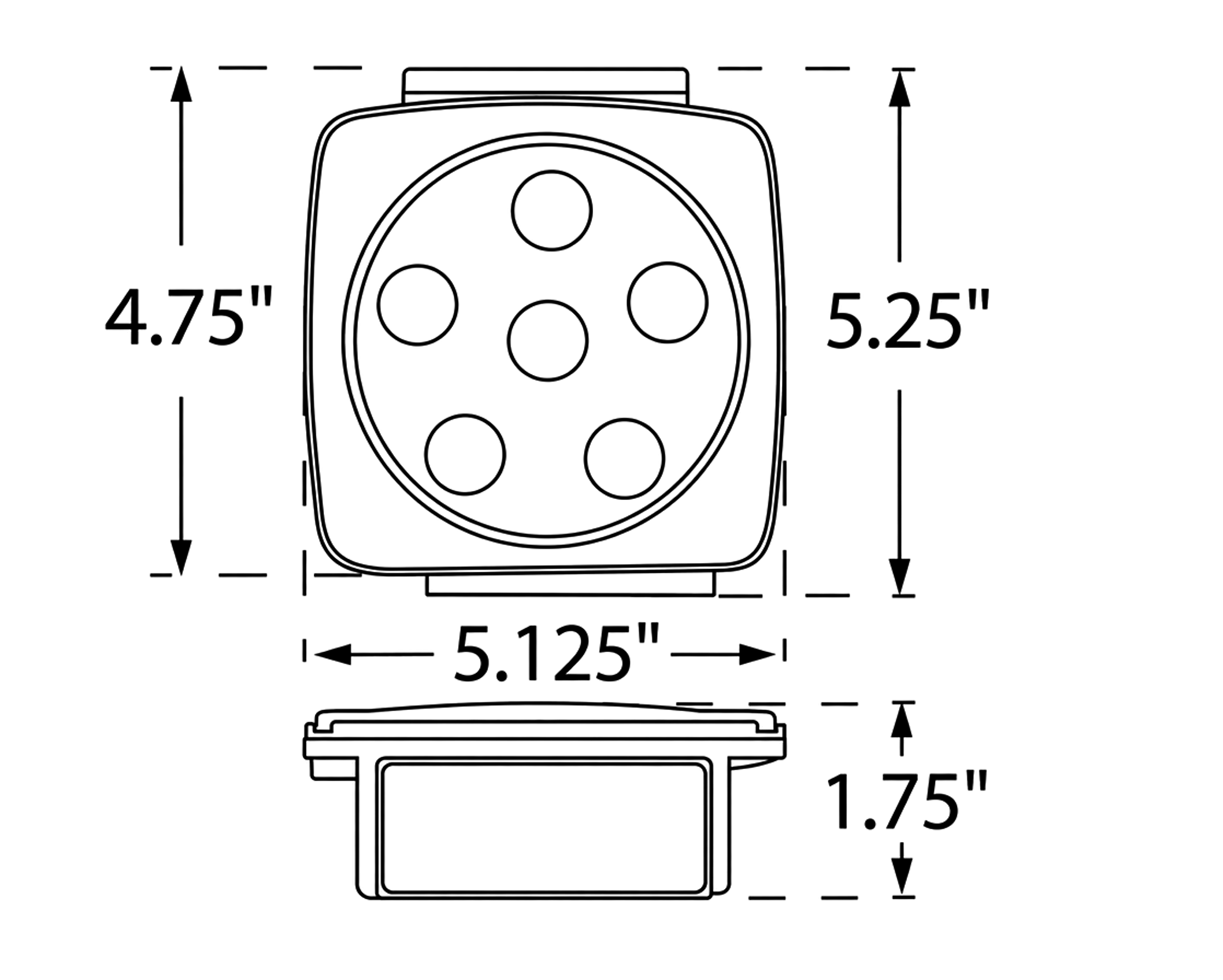 Dimension drawing showing front and side views of the round work light