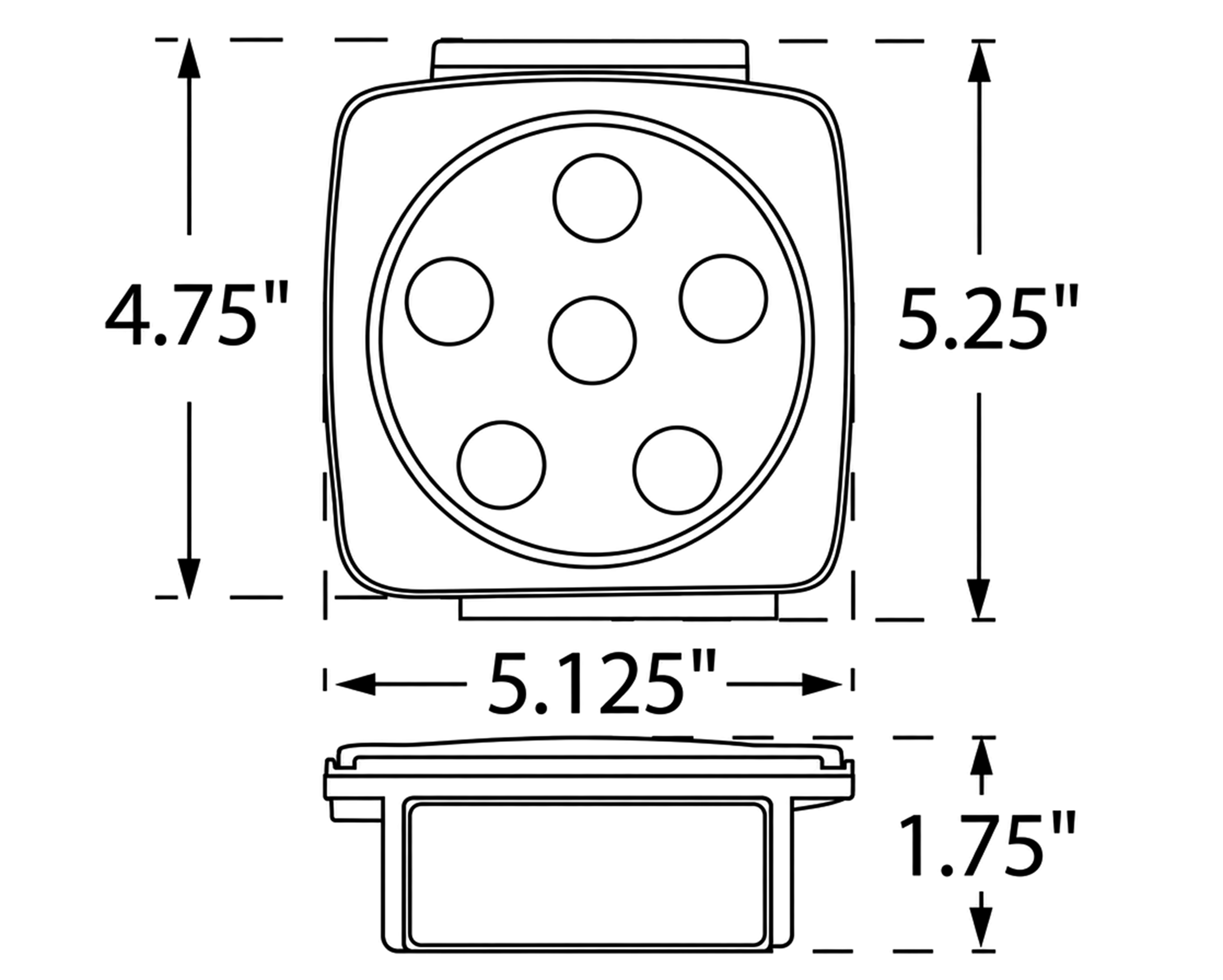 Dimension drawing showing front and side views of the round work light