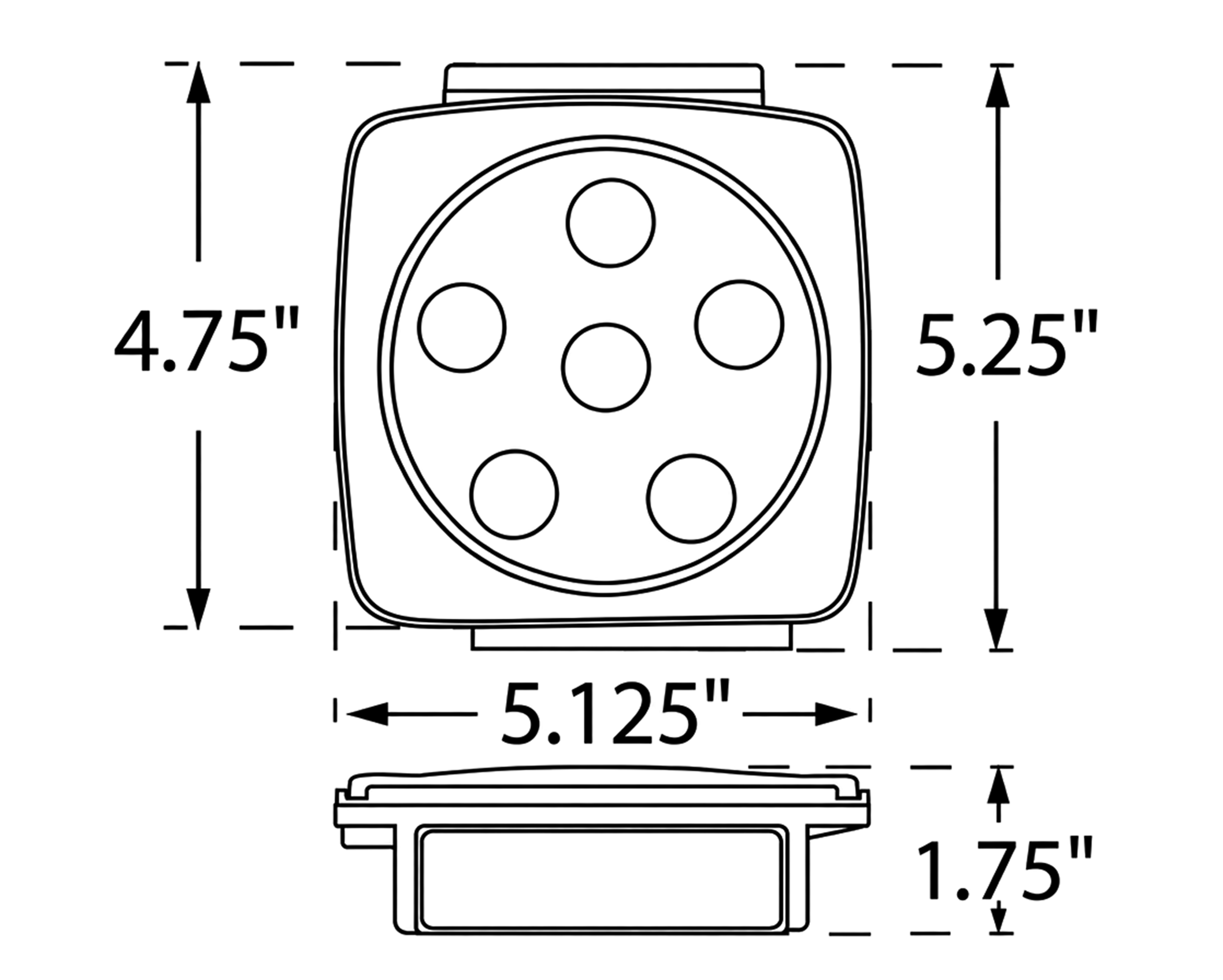 Dimension drawing showing front and side views of the round work light