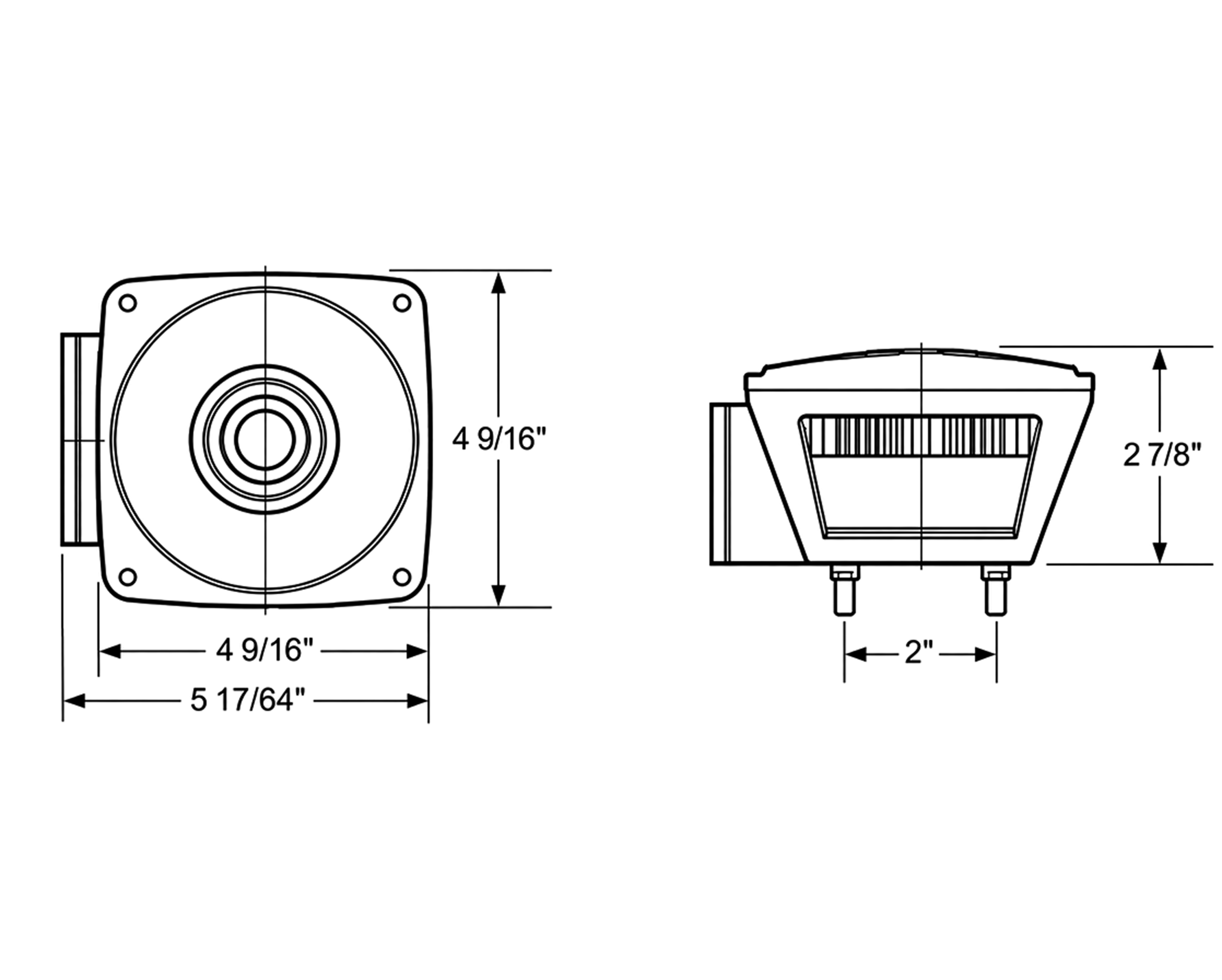 Dimension drawing showing front and side views of the round work light